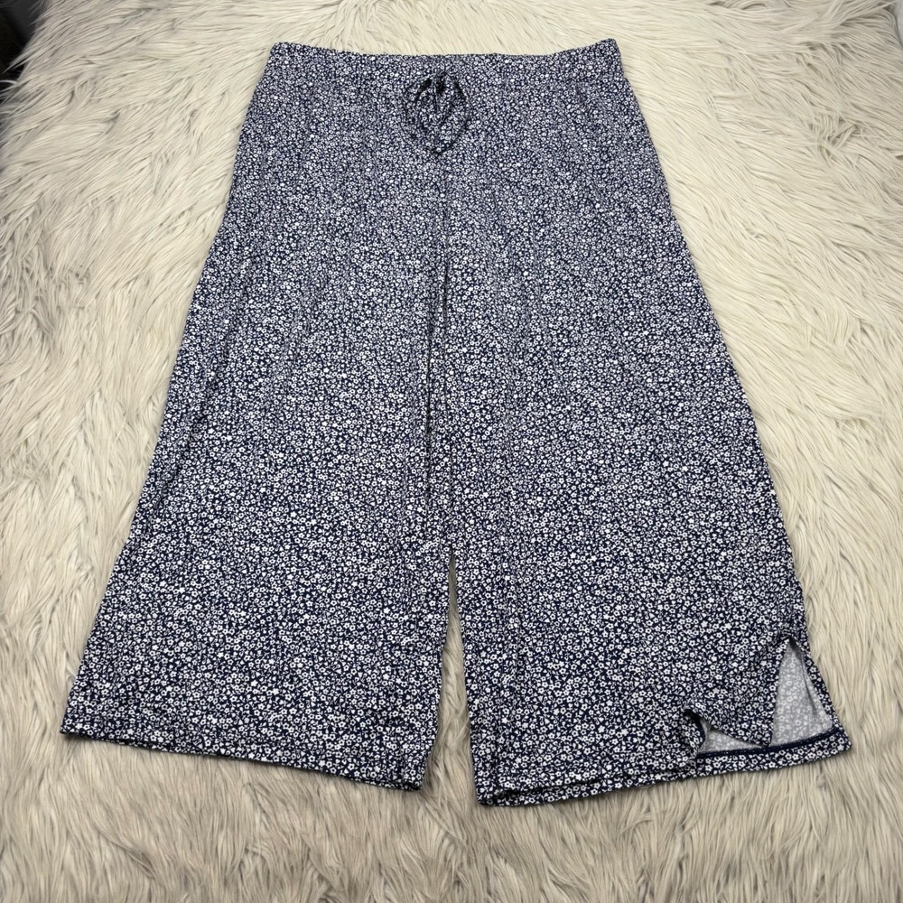 Lands' End Women's MP Navy White Ditsy Floral Cropped Wide Leg Knit Lounge Pants